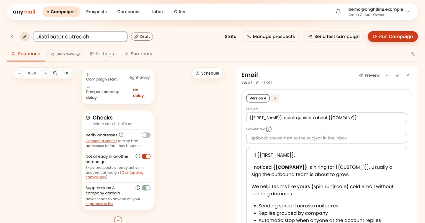 The sequence editor in anymail: checks before step 1 and the first email with merge tags